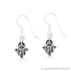 Hamsa Hand Evil Eye Luck Charm Dangling Hook Earrings in .925 Sterling Silver